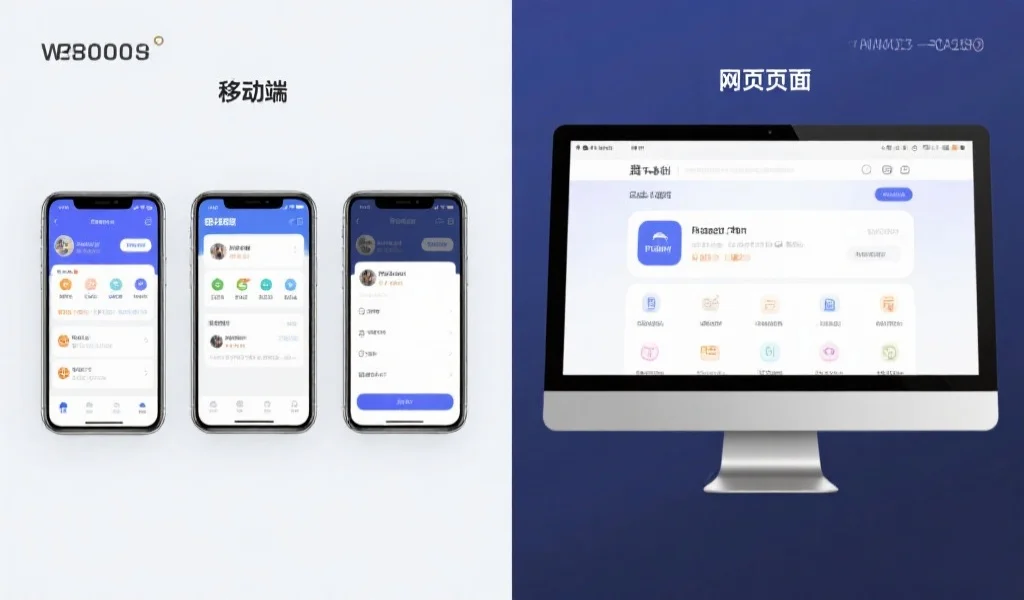 一组对比手机和电脑，分别显示同一应用的移动端和网页版界面，突出两者界面差异