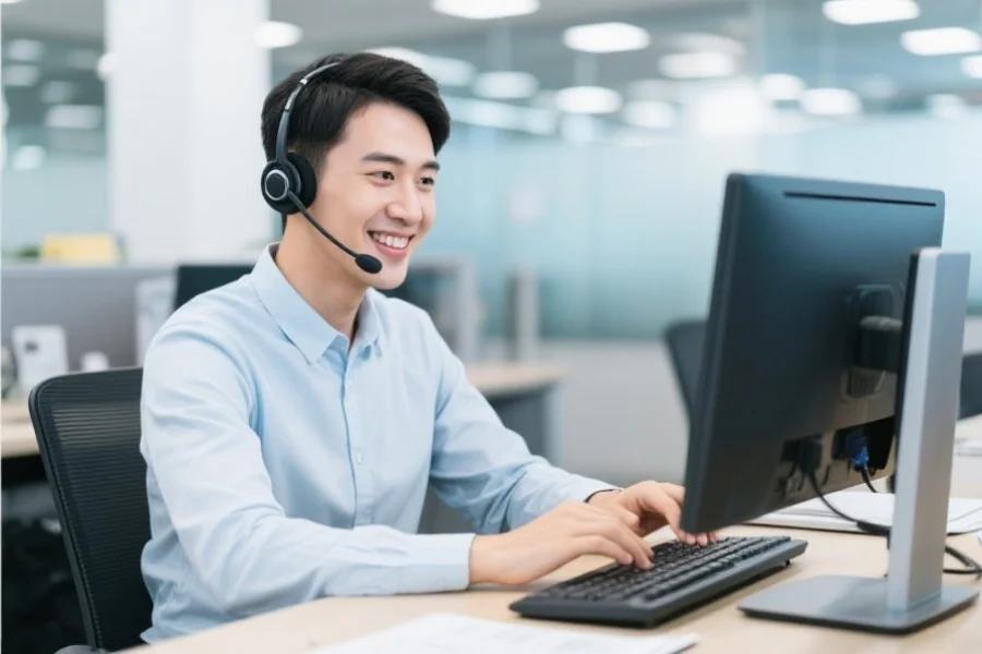 一名客服人员佩戴耳麦，面带微笑，正在办公桌前为用户在线解答问题，背景为专业客服中心